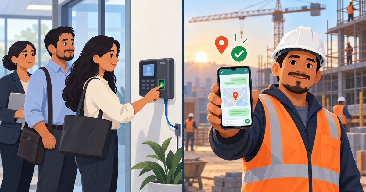 Empleados de oficina registran su entrada en un reloj checador biométrico y un trabajador de obra registra su asistencia por WhatsApp con su ubicación